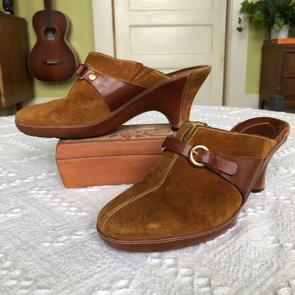 Vintage Cole Haan Camel Suede Leather‎ Mule Clogs 8.5 B Buckle Heel 90s Y2K